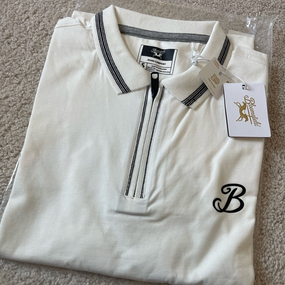 Men's White Polo Shirt with black logo.